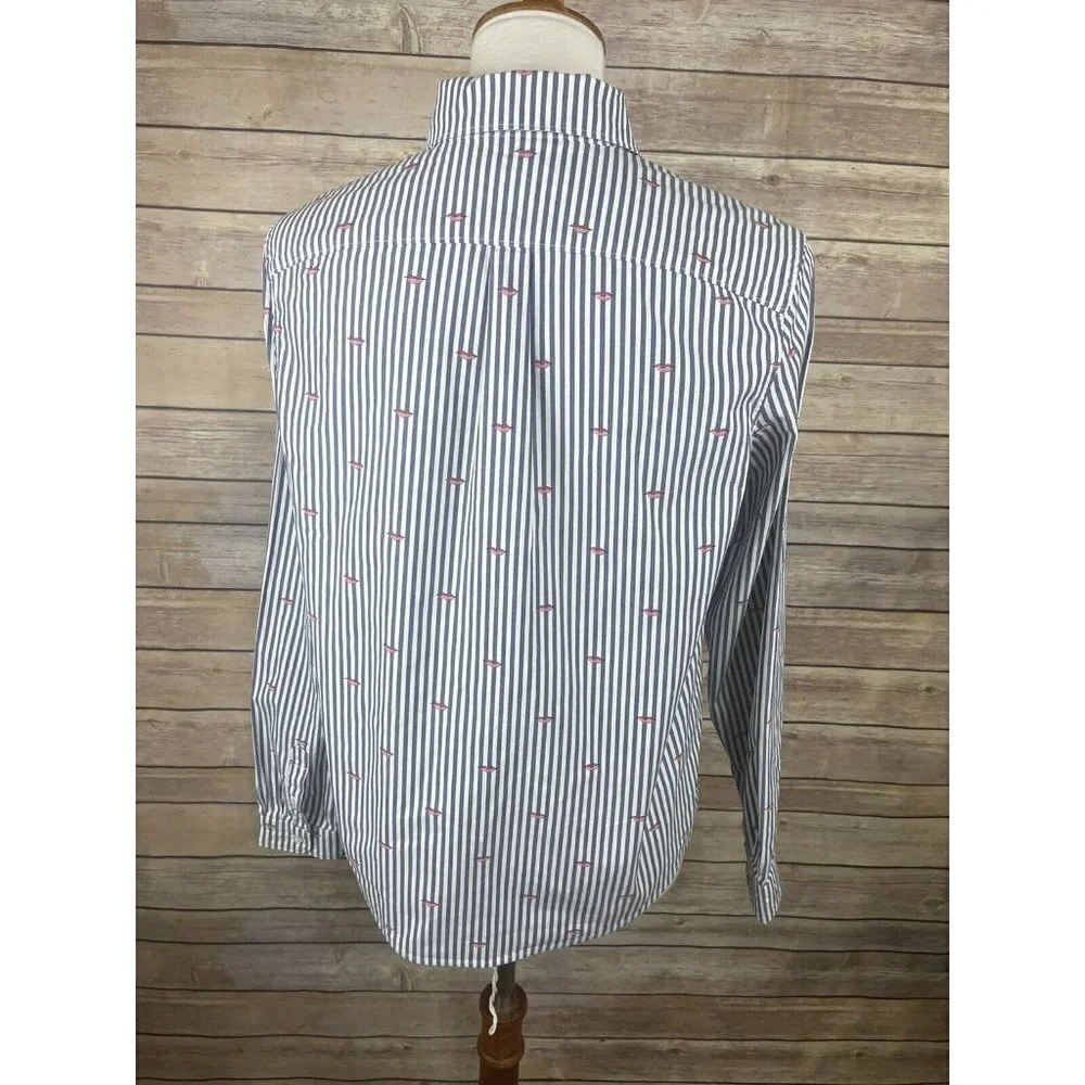Banana Republic Small Quinn Boy Fit Button Up Striped Lip Print Blouse Blue Pink - Picture 6 of 11